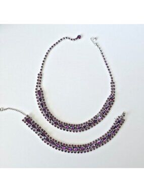 Stunning Vintage Deep Purple Rectangle Rhinestone Necklace and Bracelet Set